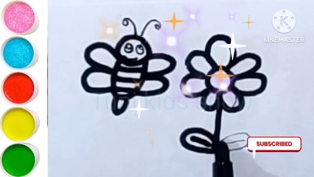 Bee and flower drawing painting and colouring for kids and toddlers,how to draw cute bee for kids смотреть онлайн