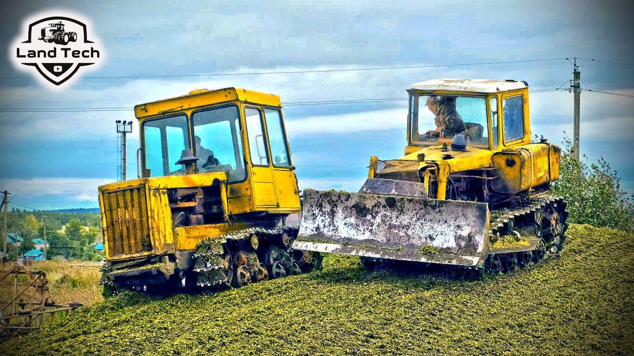 Гусеничные тракторы ДТ-75 трамбуют силос! Т-150К буксует в гору с прицепом, а К-744 залетает легко! смотреть онлайн