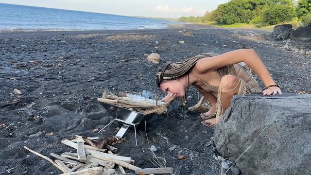 Solo Camping With Girl Spearfishing?young Wild Beauty Survives On Volcanic Beach