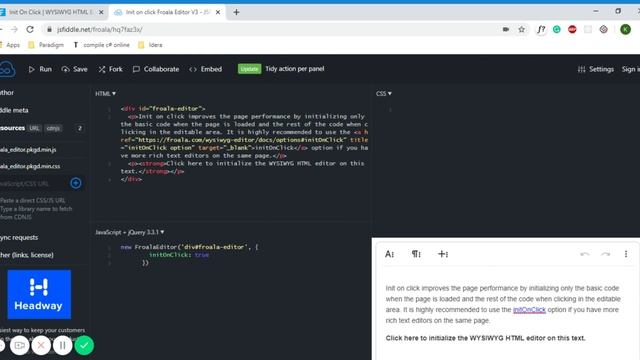Init on click Froala Editor V3 - JSFiddle смотреть онлайн
