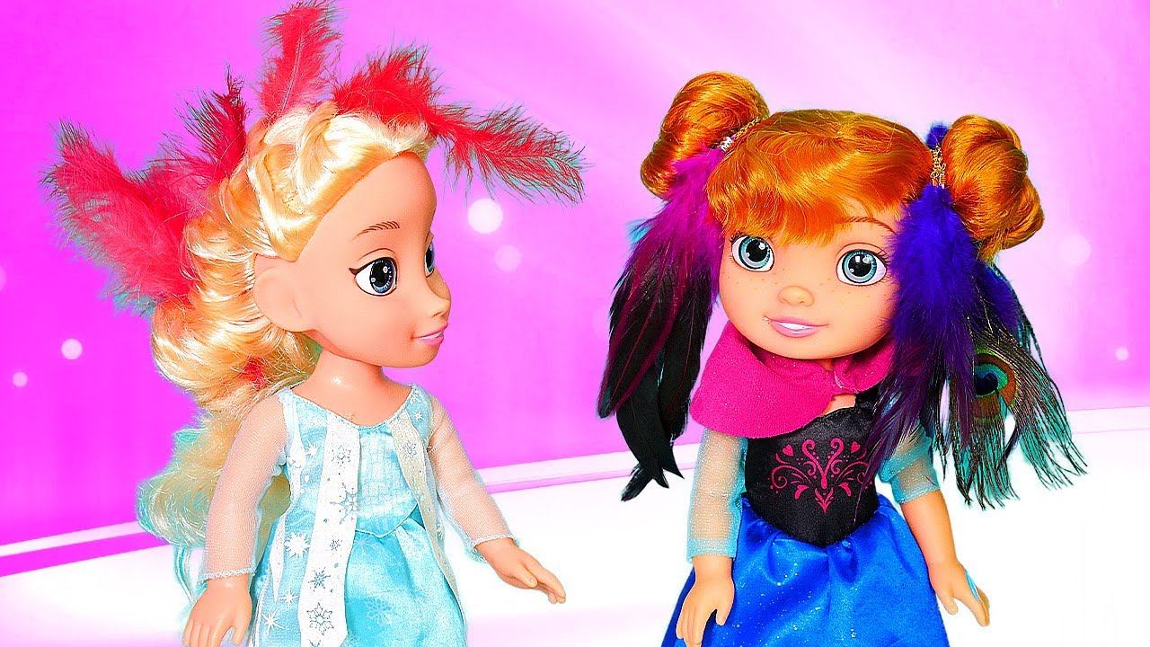 Перья в волосах - прически для кукол Анна и Эльза Холодное сердце. Видео для девочек игры прически смотреть онлайн