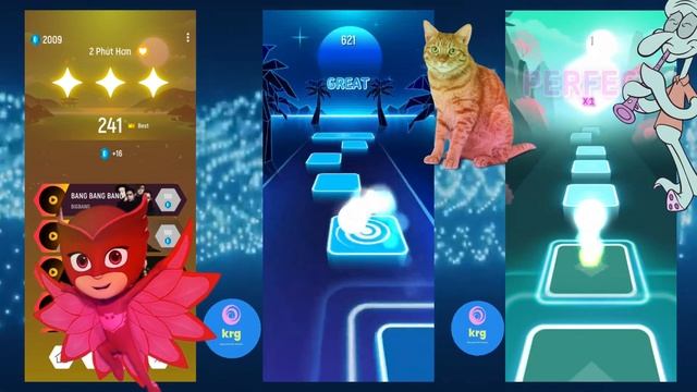 PJ Mask Owlet vs Brown cat vs Squidward battle of Tiles hop music game. смотреть онлайн