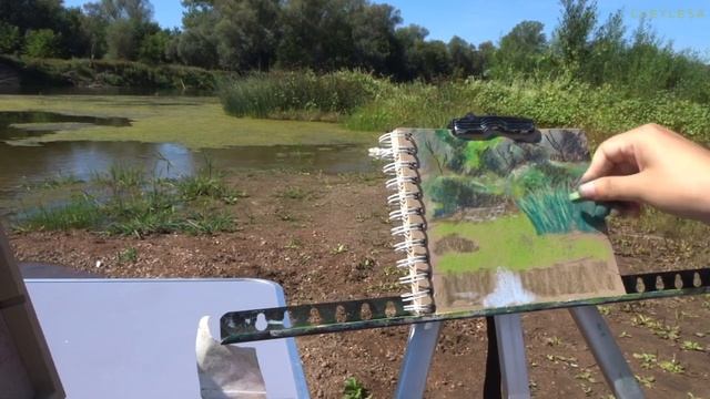 ?Летний пленэр у реки ? Зарисовка сухой пастелью на крафт бумаге ? смотреть онлайн