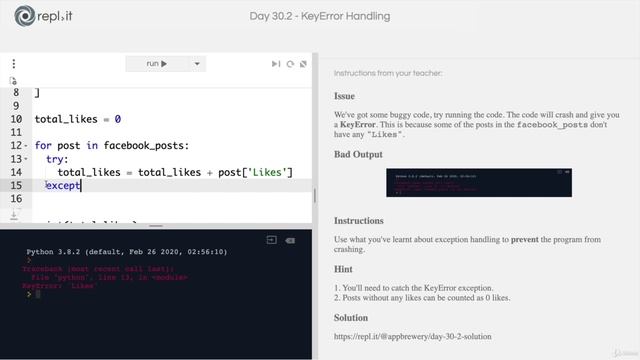 Day 30 - Errors, Exceptions and JSON Data Improvin5. [Interactive Coding Exercise] KeyError Handling смотреть онлайн