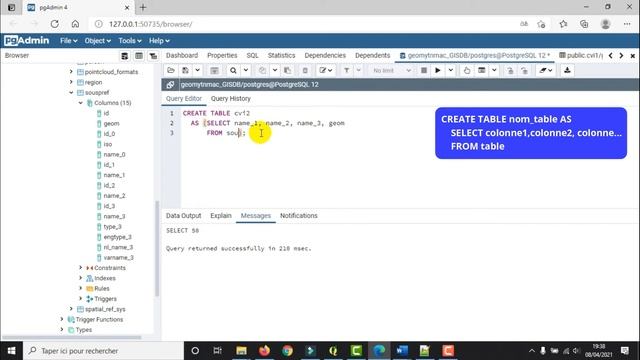 [Geo_MYTNMAC] PgAdmin4 (37) CREATE TABLE AS STATEMENT: Créer une table à partir d’une autre table смотреть онлайн
