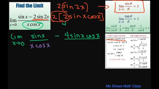 Find the limit as x approaches 0 of (sin x- 2 sin 2x)/(x cos x) смотреть онлайн