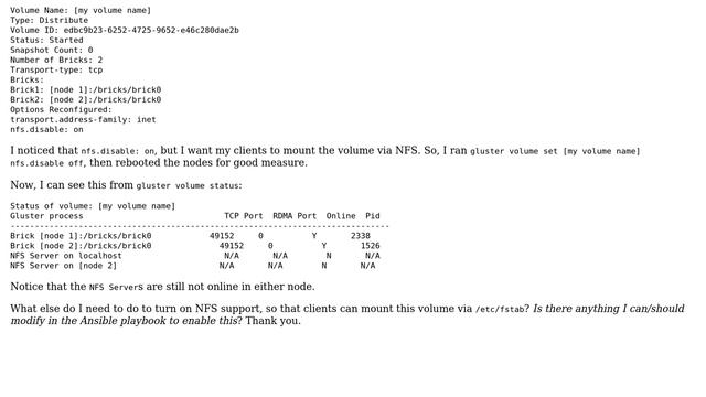 Can't enable NFS on two-node Ansible provisioned GlusterFS cluster смотреть онлайн