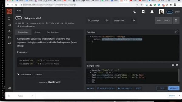 String ends with? | 7 kyu codewars | Javascript