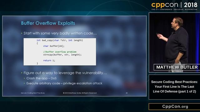 CppCon 2018: “Secure Coding Best Practices: Your First Line Is The Last Line Of Defense (1 of 2)” смотреть онлайн