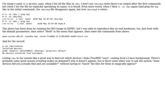 FreeBSD: /dev/dsp exists ("ls -al /dev/dsp"), but does not show in "ls -al /dev" смотреть онлайн