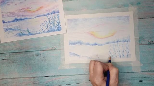 Восход солнца, цветными карандашами смотреть онлайн