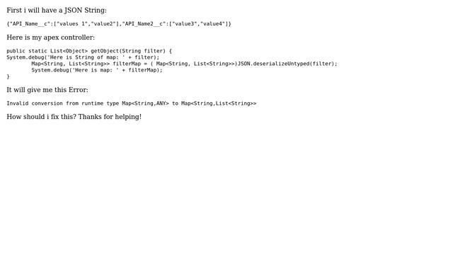 Salesforce: Invalid conversion from runtime type Map＜String,ANY＞ to Map＜String,List＜String＞＞ смотреть онлайн