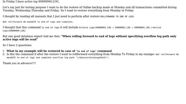 Databases: DB2 ROLLFORWARD option "TO END OF LOGS" - does it read archive logs? смотреть онлайн