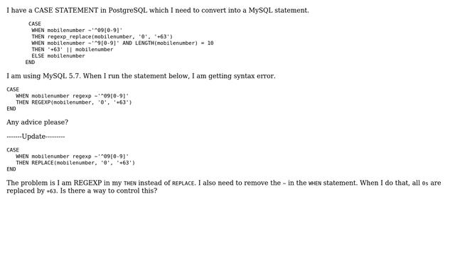 MySQL 5.7: REGEXP version of PostgreSQL REGEXP_REPLACE смотреть онлайн