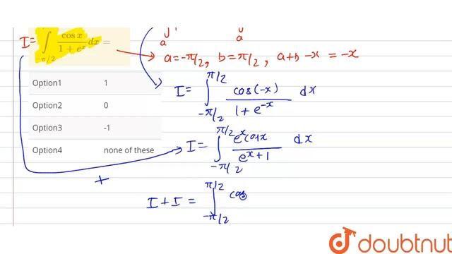 `int_(-pi//2)^(pi//2) (cos x)/(1+e^(x))dx=` смотреть онлайн
