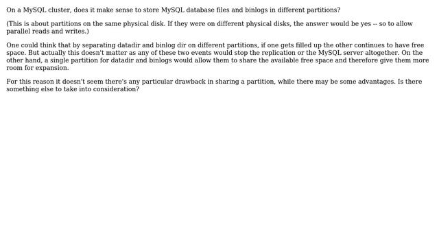 Databases: Mysql datadir and binlogs: same partition or not? смотреть онлайн