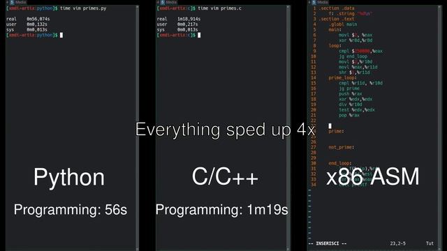 Python vs C/C++ vs Assembly side-by-side comparison смотреть онлайн