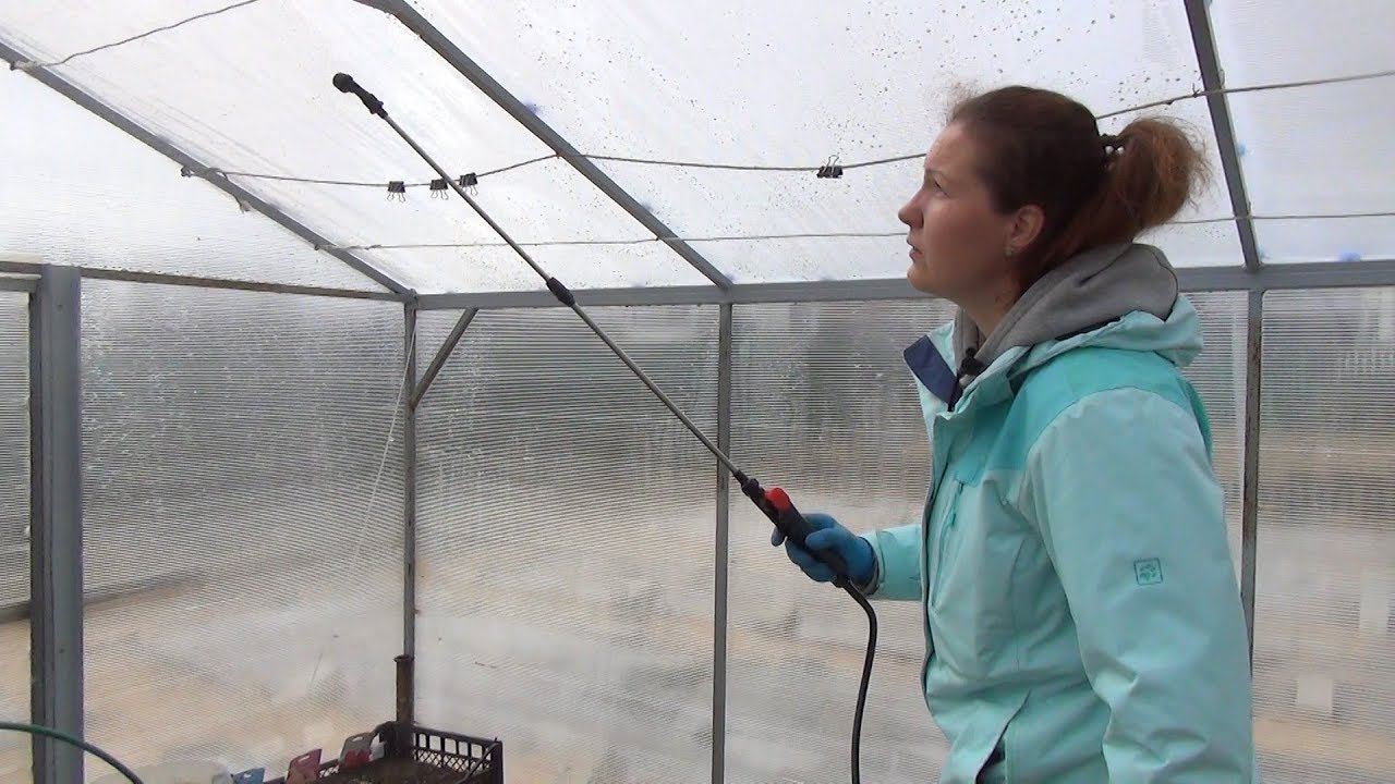 Обработка теплицы весной фитоспорином. Моем стенки и проливаем почву.