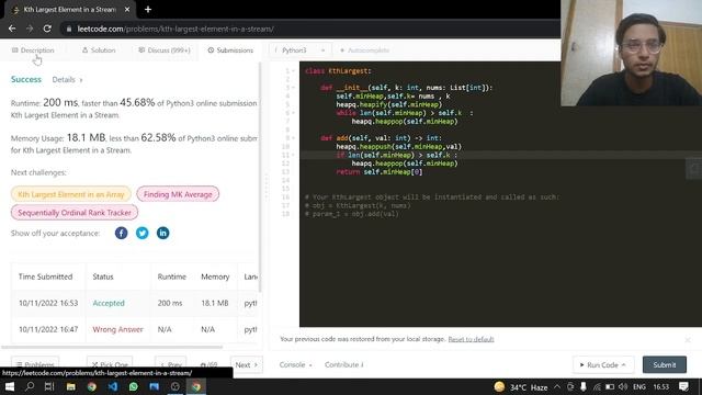 703. Kth Largest Element in a Stream (minheap) | Leetcode | Python смотреть онлайн