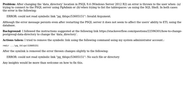 Databases: Tablespace symlink error after changing data_directory location in PSQL 9.4 смотреть онлайн