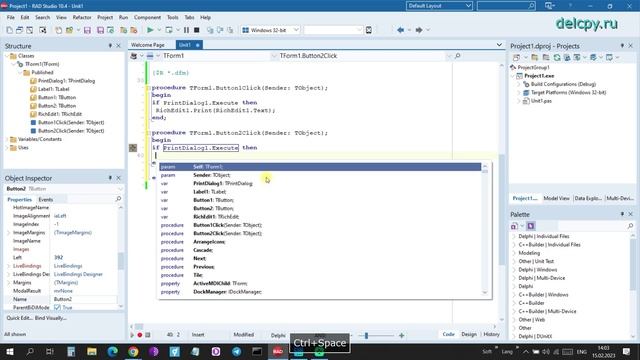 PrintDialog Delphi. Embarcadero.