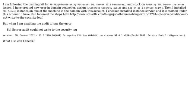 Sql Server audit could not write to the security log смотреть онлайн