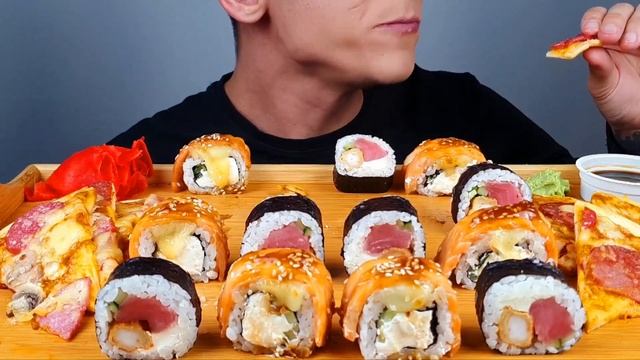 ASMR EATING BIG SUSHI ROLLS and PIZZA (MUKBANG) АСМР ИТИНГ БОЛЬШИЕ СУШИ, РОЛЛЫ И ПИЦЦА (МУКБАНГ)