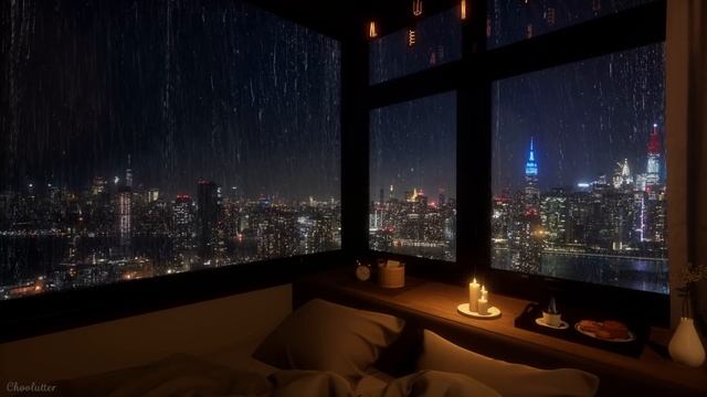 Cozy Bedroom With A Night View Of New York In Heavy Rain | Rain Sounds, Rain On Window