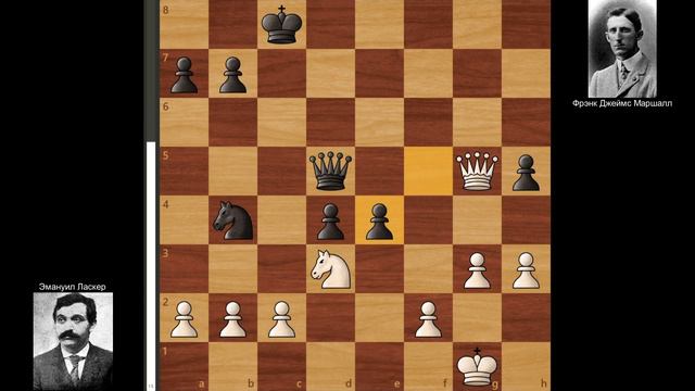 2-я партия Ласкер - Маршалл, матч на первенство мира 1907 года. (1-0) смотреть онлайн