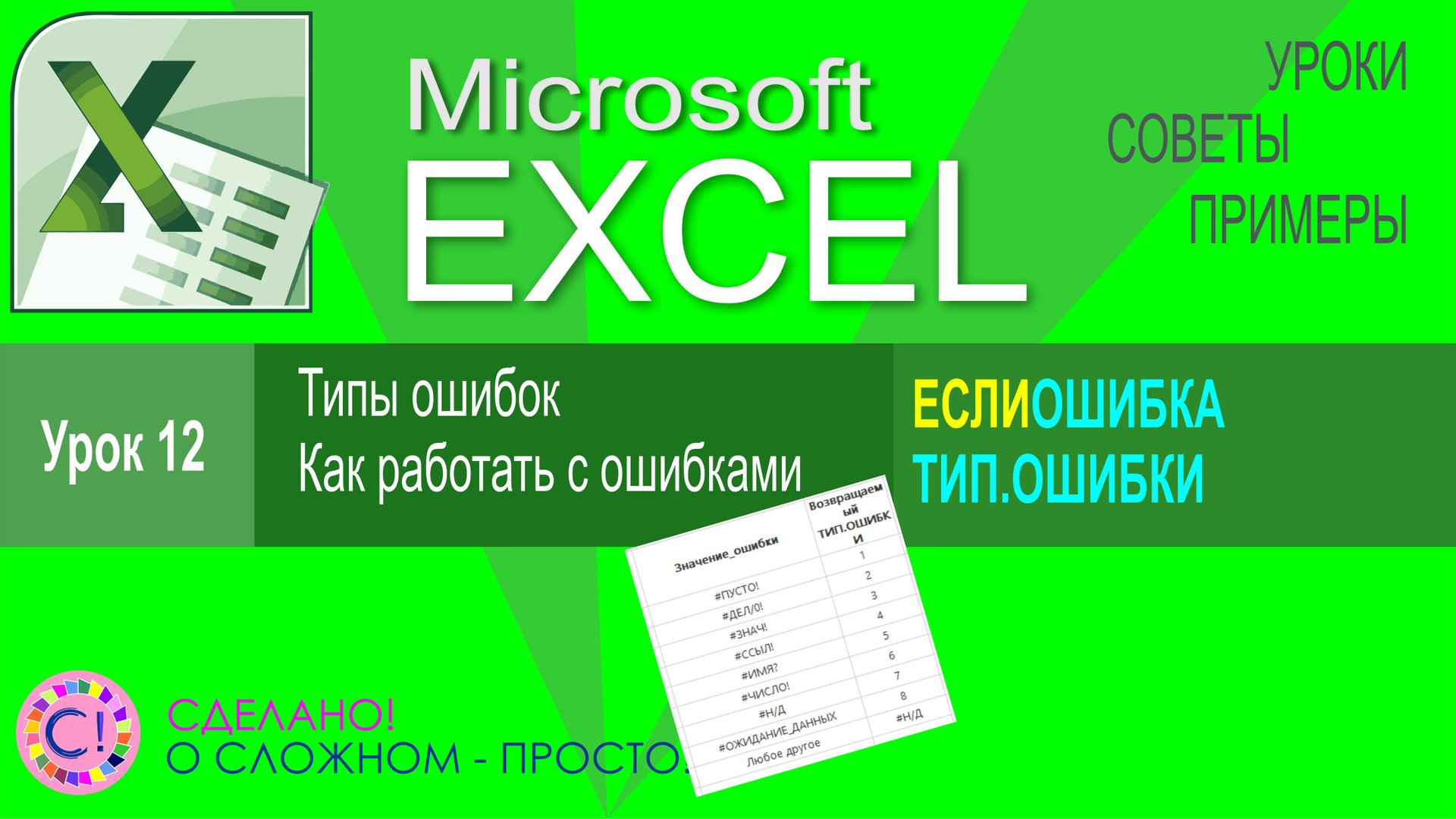 Excel урок 12. Типы ошибок. Как работать с ошибками смотреть онлайн