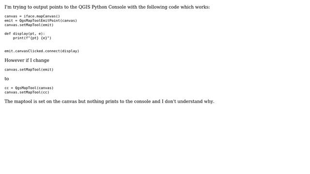 GIS: QgsMapToolEmitPoint - output coordinate to QGIS python console смотреть онлайн