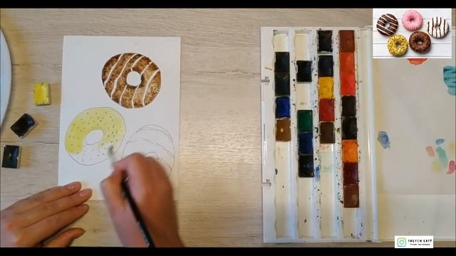 Как нарисовать Пончики акварелью. Уроки рисования. Скетчинг для начинающих.15-ти минутка! смотреть онлайн