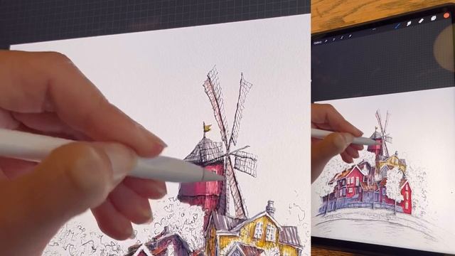 #art #digitalart Lovely Sweden cityscape. Urban marker sketch, drawing process in Procreate on iPad смотреть онлайн