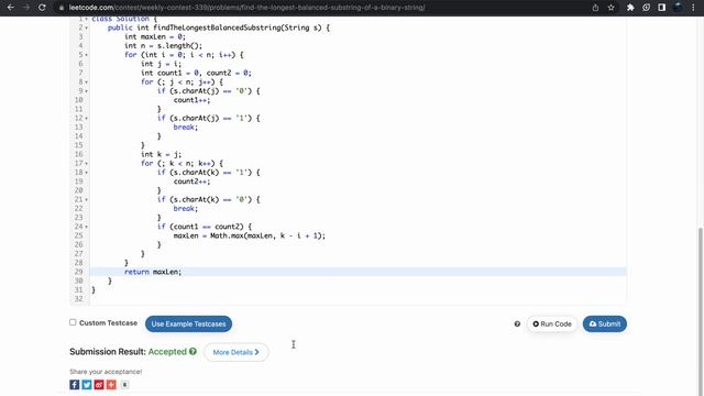 Weekly Contest 339 |6362. Find the Longest Balanced Substring of a Binary String | JAVA смотреть онлайн