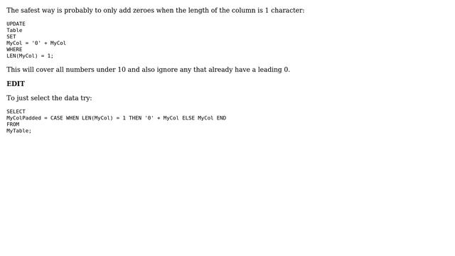 Databases: How do I place leading zeros for numbers less than 10 without affecting those 10+? смотреть онлайн