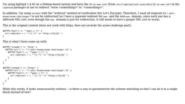 lighttpd 1.4: Include scheme in www-to-no-www redirect config, with path exclusion смотреть онлайн