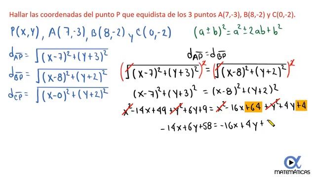 Hallar las coordenadas del punto P que equidista de los 3 puntos A(7,-3), B(8,-2) y C(0,-2) смотреть онлайн