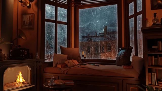 Cozy Reading Nook Ambience - Rain on Window & Thunder Sounds | Warm Fireplace смотреть онлайн