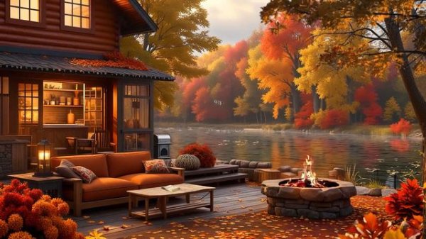 Quiet Outdoor Autumn Terrace Space 🍂 Campfire Lakeside and Gentle Flowing Water Helps to Sleep Well