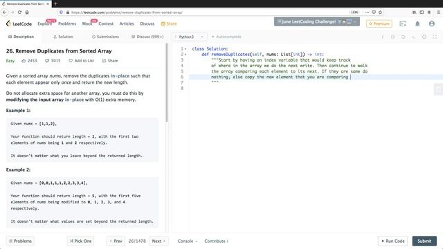 Leetcode-26: Remove duplicates from a sorted array (Python3) смотреть онлайн