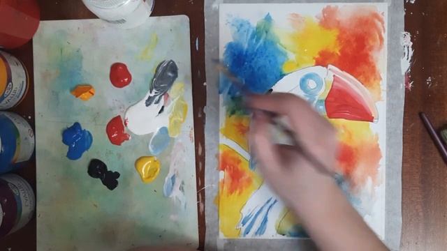 Как нарисовать лето. Нарисуем яркую картину. Яркая птица гуашью. Правополушарное рисование. смотреть онлайн