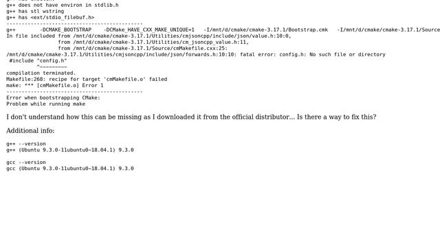 Cmake 3.17 can't run bootstrap because \*\*fatal error: config.h: No such file or directory\*\* смотреть онлайн