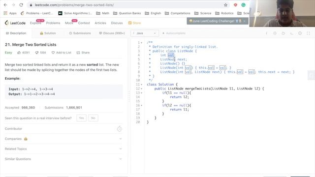 LeetCode Problems Solved; Problem 21: Merge Two Sorted Lists (Easy) смотреть онлайн