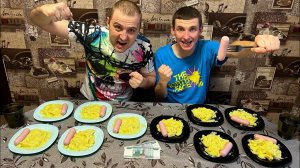 Кто быстрее съест 10 литров картошки. Кто первый съест 10 тарелок пюре и 10 сосисок. Еда на скорость