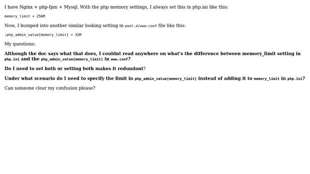 Webmasters: Difference Between php_admin_value[memory_limit] and php.ini memory_limit смотреть онлайн