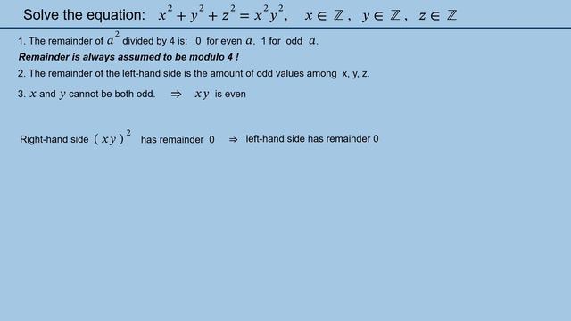 Solve in integers: x²+y²+z²=x²y² смотреть онлайн