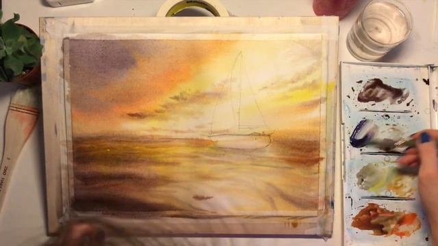 Закат на море акварелью // Sunset on the sea with watercolors смотреть онлайн
