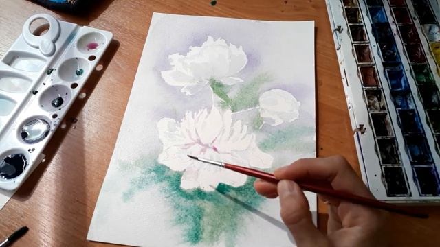 Рисуем цветы акварелью, нежные пионы. смотреть онлайн