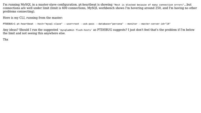 pt-heartbeat showing "Host is blocked because of many connection errors"...but connections are... смотреть онлайн