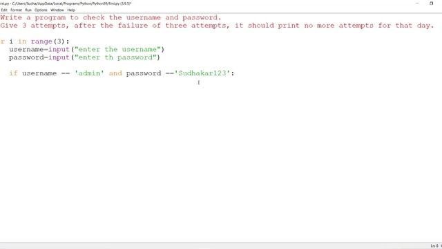 Python program to check the username and password with three attempts смотреть онлайн